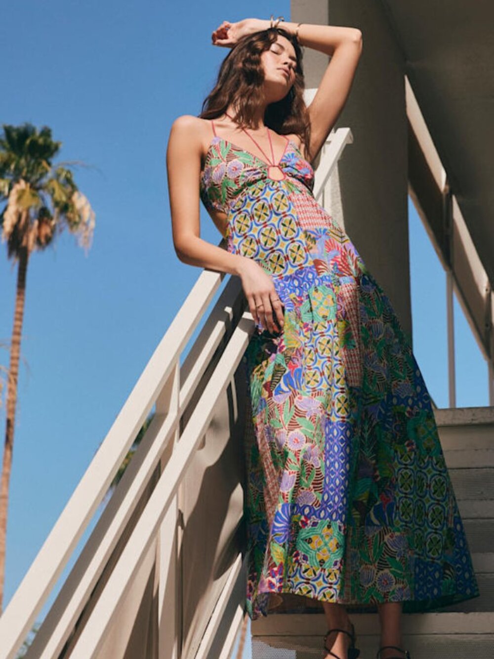 Lulus Monica Multi Print Tie-front Maxi Dress Blue - Size S